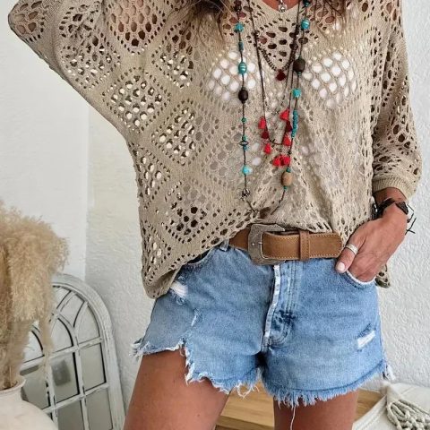🔥Oferta especial: Blusas de punto estilo boho para mujer con cuello en V y diseño calado.