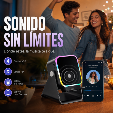 💎 ¡50% DE DESCUENTO! Soporte 5 en 1 con Altavoz Inalámbrico 💎 Audio por Inducción, Soporte para Teléfono y Luz Ambiental