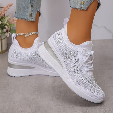 Zapatillas deportivas de malla transpirable con adornos de diamantes de imitació