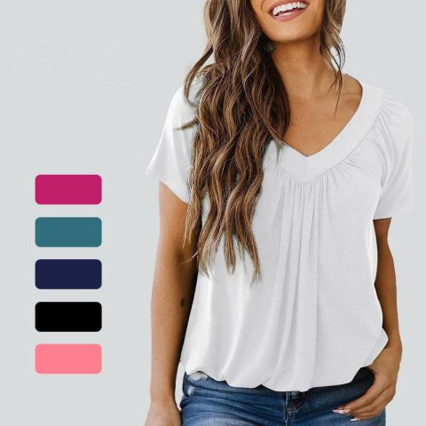 Top casual de manga corta con cuello en V plisado para mujer